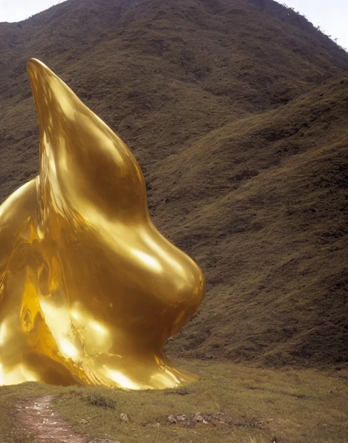 Prompt: vintage color photo of a massive liquid gold sculpture in ecuadorian mountains, image by werner herzog