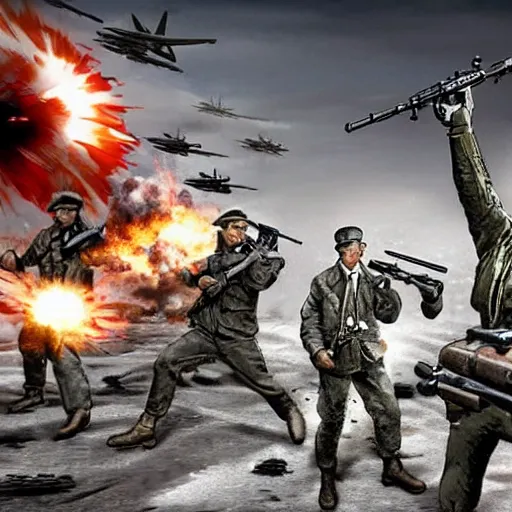 Image similar to The war between the Soviet Union and America, the action takes place in New York, far away against the background of the Statue of Liberty, a lot of soldiers and military equipment, a lot of explosions and tracer bullets, a lot of ruins, a very epic battle, The style of photography of the 80s, very detailed and detailed style