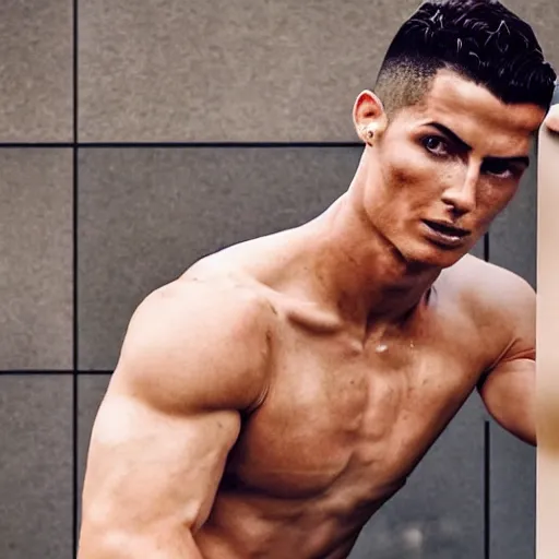 Image similar to a realistic detailed photo of a guy who is an attractive humanoid who is half robot and half humanoid, who is a male android, soccer player cristiano ronaldo, shiny skin, posing like a statue, blank stare, by the pool, on display, showing off his muscles, humanoid robot, mannequin challenge