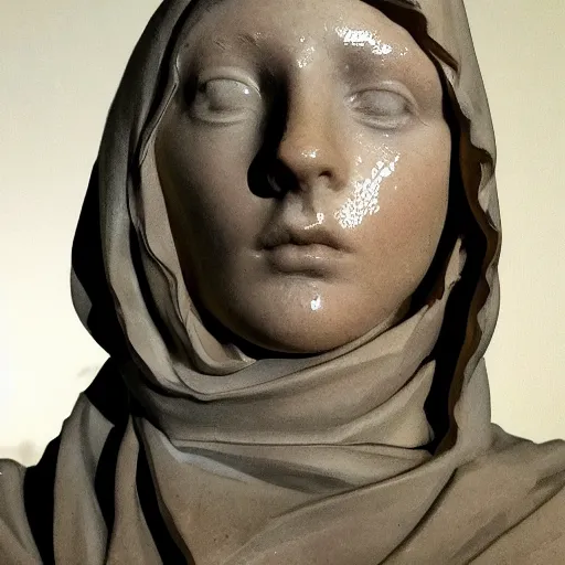 Image similar to a masterpiece marble sculpture of the hooded virgin, !cracks, !dramatic !face, !female, covered in intricate !detailed !!streaked veil , physically based rendering, ultra photo realistic, cinematic lighting , dark background by Dan Hillier