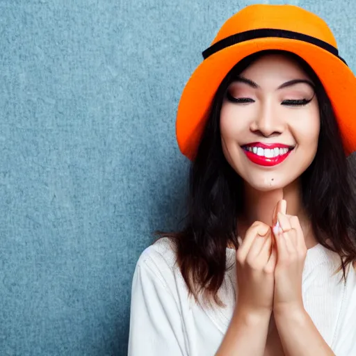 Image similar to portrait of a smiling 2 5 - year - old woman with 9 0 degree nails pretty face oriental, perfect eye look up a bit, medium yellow blond hair, character with an orange hat, hair comes out of the hat a little