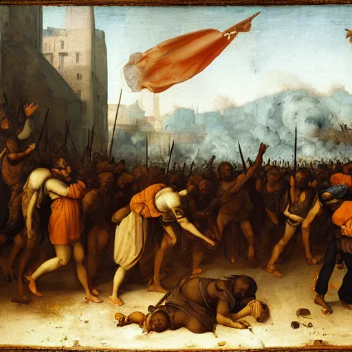 Prompt: Painting of the 2020 black lives matter riots, by Leonardo da Vinci