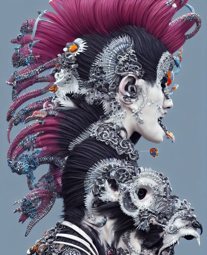 Image similar to 3 d goddess close - up profile portrait punk with mohawk with ram skull. beautiful intricately detailed japanese crow kitsune mask and clasical japanese kimono. betta fish, jellyfish phoenix, bio luminescent, plasma, ice, water, wind, creature, artwork by tooth wu and wlop and beeple and greg rutkowski