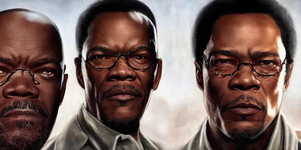 Image similar to highly detailed movie poster painting of young samuel l jackson and john travolta, perfect symmetrical eyes, by eddie mendoza and tyler edlin, 8 k resolution