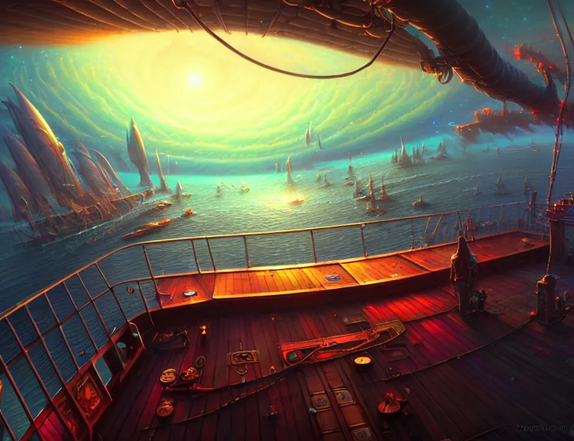 Prompt: view when standing on the deck of the flying ship near the rudder, d & d spelljammer fantasy art, artstation contest winner, beautiful digital painting in the style of dan mumford, art by kev chan, volumetric lighting, concept art, speedpainting, fantasypunk, deep colors, cgsociety, by gerald brom