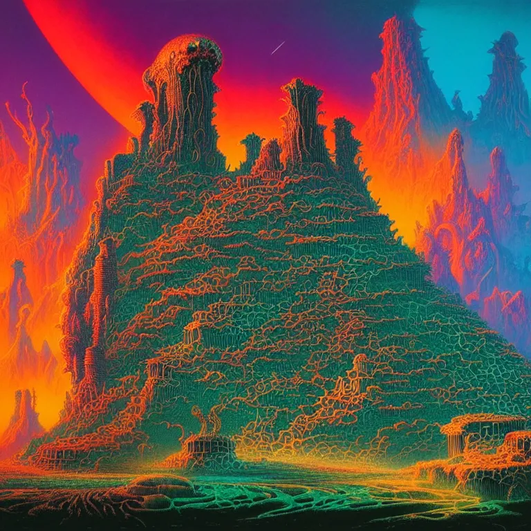 Image similar to mysterious skull castles in infinite circuit board valley, synthwave, fractal waves, bright neon colors, highly detailed, cinematic, tim white, roger dean, michael whelan, caza, bob eggleton, philippe druillet, vladimir kush, kubrick, alfred kelsner, vallejo