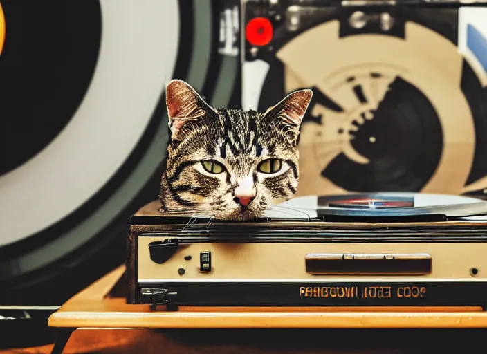 Image similar to photography of a Cat sitting on a record player. in a room full of vinyls and posters out of the 70's, photorealistic, raining award winning photo, 100mm, sharp, high res