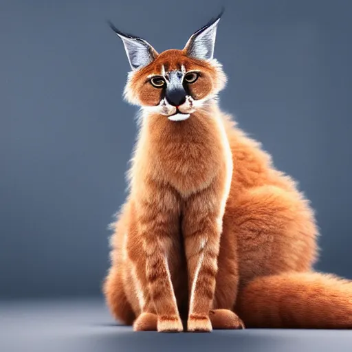 Image similar to wide-angle photo of fluffy cute caracal sitting on a chair in a room, flames of fire at background, octane render, 3d, 8k, hd, studio light