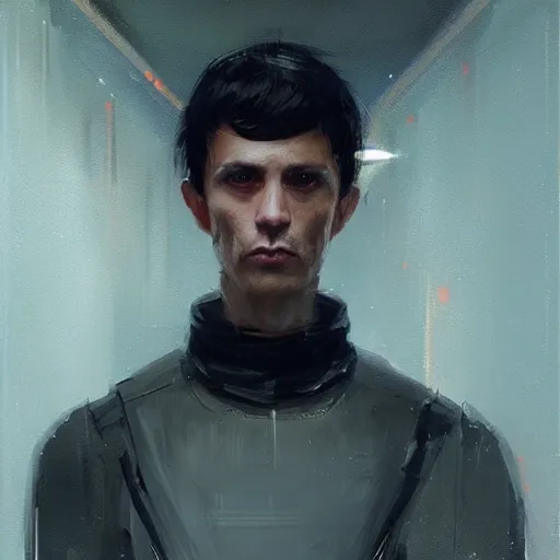 Prompt: portrait of a man by greg rutkowski, he is about 3 0 years old, short black hair with bangs, expression of fear and bewilderment, very tall and slender, he is wearing futuristic space gear, highly detailed portrait, digital painting, artstation, concept art, smooth, sharp foccus ilustration, artstation hq