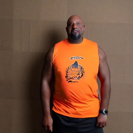 Prompt: a bald middle aged black man with a goatee in an orange gym shirt, high quality portrait