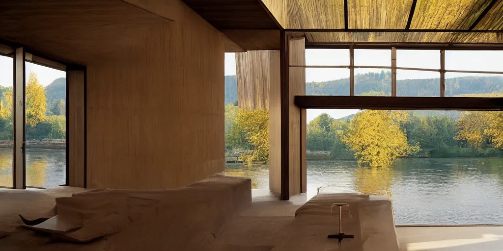 Image similar to a house by the river rhein close to mumpf designed by peter zumthor, beautiful ambient light, golden hour