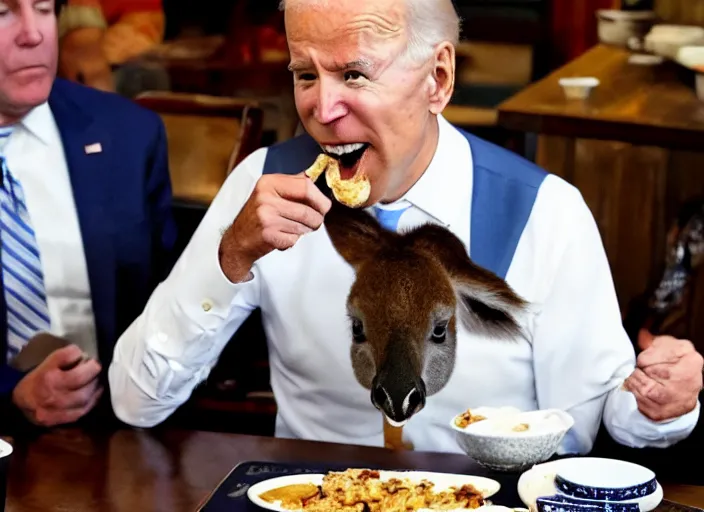 Prompt: Joe Biden eating breakfast at the Cracker Barrel with a kangaroo in a top hat