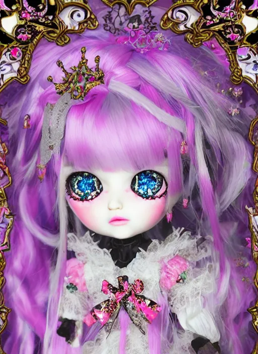 Image similar to baroque bedazzled gothic royalty frames surrounding a pixelsort emo demonic horrorcore japanese beautiful fairy kei doll, sharpened early computer graphics, remastered chromatic aberration