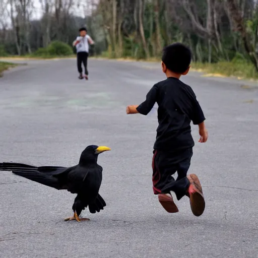 Prompt: a young asian boy running along with a friendly crow