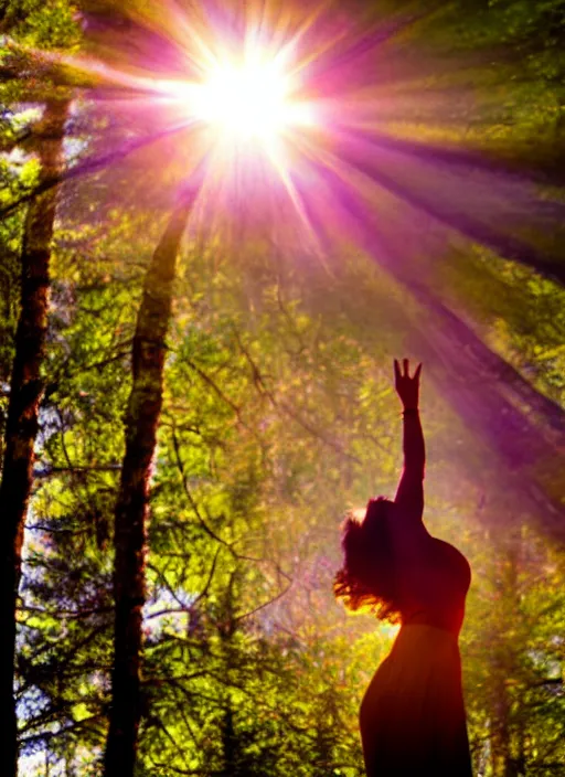 Image similar to female ascending into the sky, glowing aura, motion blur, out of focus, film grain, cinematic lighting, experimental film, shot on 1 6 mm, crepuscular rays