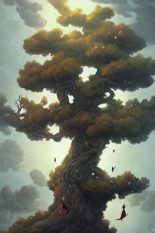 Image similar to a painting of a tree with birds flying around it, a storybook illustration by peter mohrbacher, cgsociety contest winner, fantasy art, artstation hq, detailed painting, behance hd