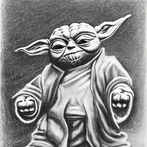 Prompt: coal drawing of Yoda meditating