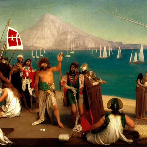 Image similar to A hundred people with jester hat and clothes on a greek circle archi on the front of a Balustrade with a beach and a sail boat on the background, major arcana cards, by paul delaroche and arnold böcklin hyperrealistic 8k, very detailed