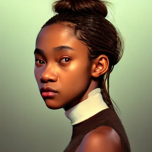 Image similar to a photorealistic hyperrealistic, bright brown eyes, light skinned african young girl, ponytail hair, flawless face, asian eyes, cute face, black turtle neck shirt, by wlop, artgerm, greg rutwoski, alphonse mucha, beautiful dynamic dramatic low - light moody lighting, cinematic atmosphere, artstation, concept design art, octane render, 8 k