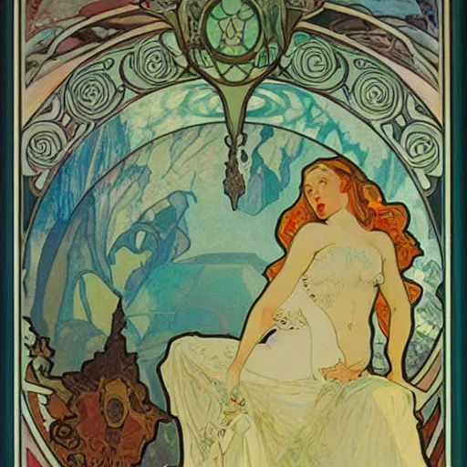 Prompt: doomscrolling. poster art by alfons mucha