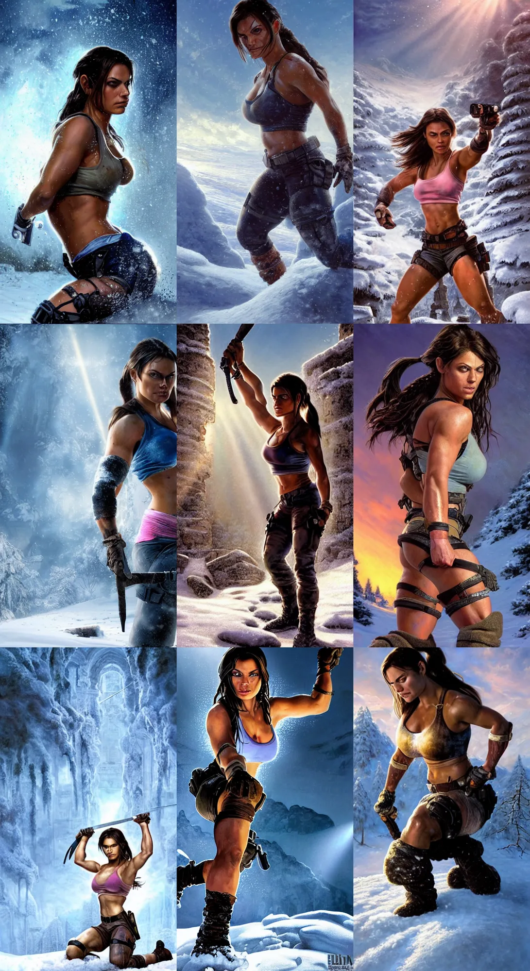 Image similar to epic portrait of muscled Mila Kunis as Lara Croft kneeling in deep snow, ancient ruins, blue hue prism, sun rays through snow, pink golden hour, wind swept snow, intricate, highly detailed, shallow depth of field, epic vista, Ralph Horsley, Daniel F. Gerhartz, Artgerm, Boris Villajo, Lilia Alvarado