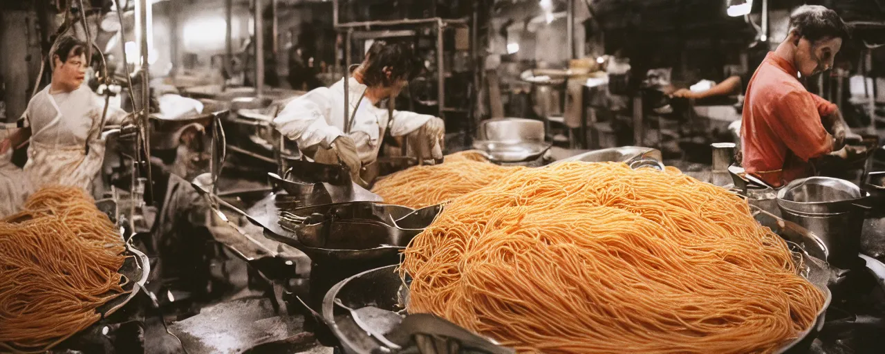 Prompt: a factory where people are processing fresh spaghetti from the tree, canon 5 0 mm, cinematic lighting, photography, retro, film, kodachrome, closeup