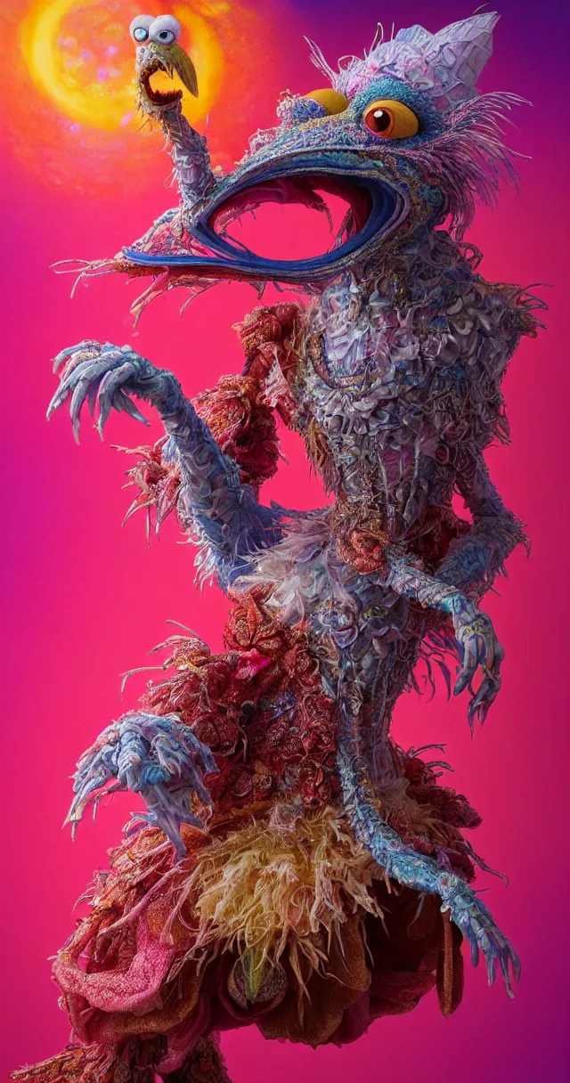 Prompt: hyper detailed 3d render like a Oil painting - kawaii portrait of ein Aurora (a beautiful skeksis muppet fae queen from dark crystal that looks like Anya Taylor-Joy) seen red carpet photoshoot in UVIVF posing in scaly dress to Eat of the Strangling network of yellowcake aerochrome and milky Fruit and His delicate Hands hold of gossamer polyp blossoms bring iridescent fungal flowers whose spores black the foolish stars by Jacek Yerka, Ilya Kuvshinov, Mariusz Lewandowski, Houdini algorithmic generative render, Abstract brush strokes, Masterpiece, Edward Hopper and James Gilleard, Zdzislaw Beksinski, Mark Ryden, Wolfgang Lettl, hints of Yayoi Kasuma and Dr. Seuss, octane render, 8k