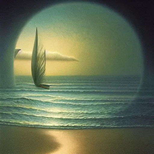 Image similar to scene from a dream. ocean. digital artwork by vincent bons, michael whelan, remedios varo and gerardo dottori. grainy and rough. interesting pastel colour palette. beautiful light. oil and water colour based on high quality render.