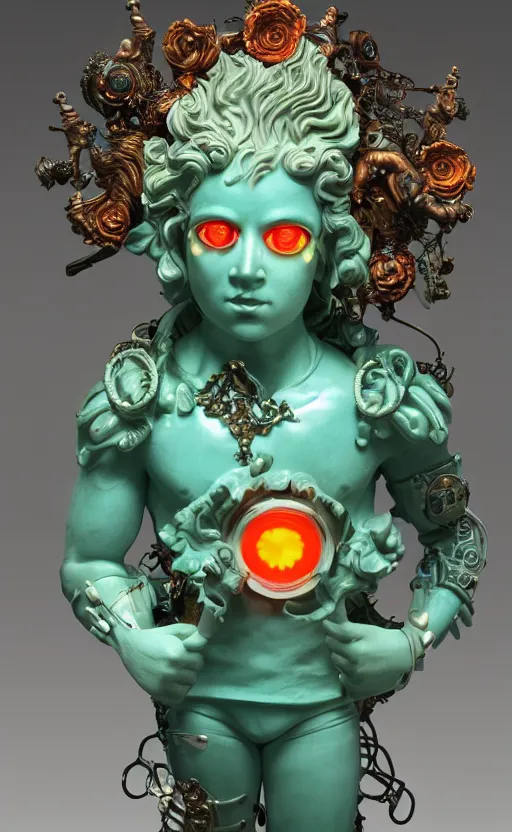 Image similar to a young handsome latino porcelain prince sculpture with a face of a CRT monitor and a large glowing orange crystal in the center of his chest, full-body bronze cyberpunk style statue of Andromeda with glowing green laser eyes, crown of mechanical chrysanthemums, flowing aqua silk, fabric, steampunk flowers. baroque elements, human hands. full-length view. baroque element. intricate artwork by caravaggio. many flying horses on background. Trending on artstation, octane render, cinematic lighting from the right, hyper realism, octane render, 8k, depth of field, 3D