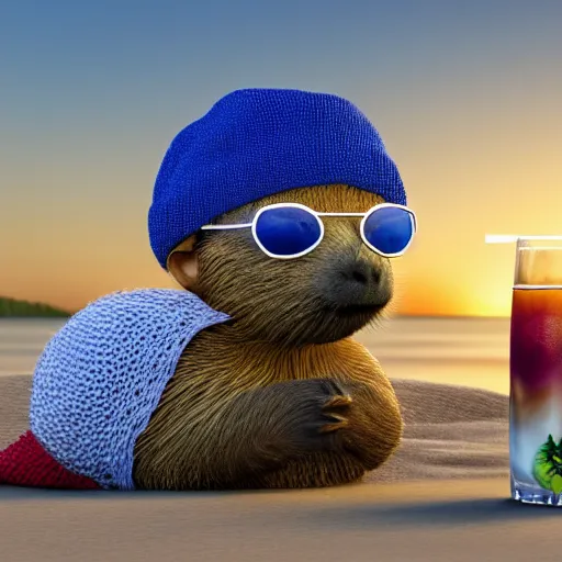 Prompt: a photorealistic photograph of a knitted cute Capybara dressed in sunglasses and a blue beanie cap. The subject is sipping a refreshing Mai Tai drink cocktail at the beach during sunset. The image is Trending on Artstation, featured on Behance, well-rendered, extra crisp image, intricate detail, Unreal Engine, 4K HD