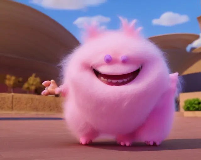 Prompt: 3D Pixar movie animation render of the cutest little pink fluffy creature with a big lovely grin smile sweet adorable cherub, octane render, pastel colors, soft clouds and soft gradient background