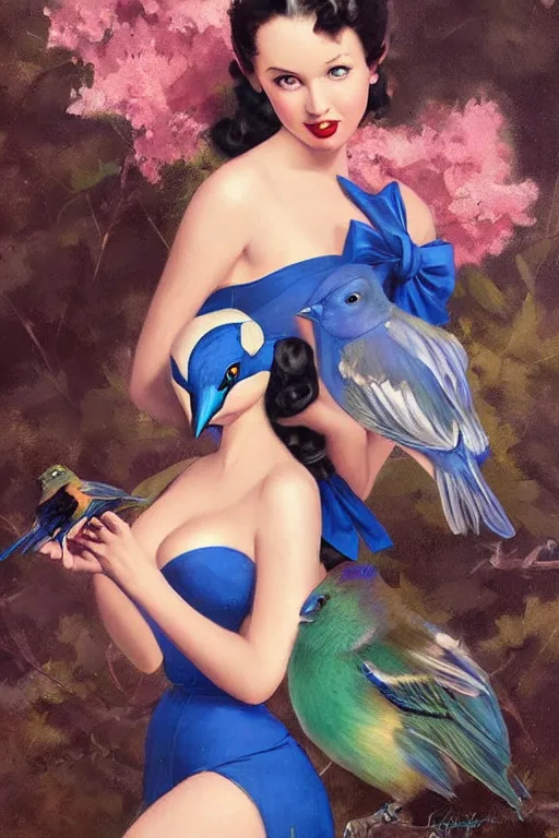 Prompt: hyper realistic painting, tasteful pinup girl holding an indigo bunting, bird, the bird is wearing a bowtie, by greg rutkowski, rossdraws, gil elvgren, enoch bolles, anime, porcelain skin, very coherent