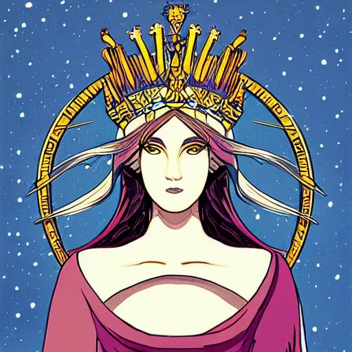 Prompt: artemixel, the modern reincarnation of the old selenium greek god of hunt, also known as artemis the selene, carrying the celebrated crown of the crescent moon wich its usual bright and slightly bluish crescent like the brightness of the night, a portrait cartoon by moebius, character design, concept design