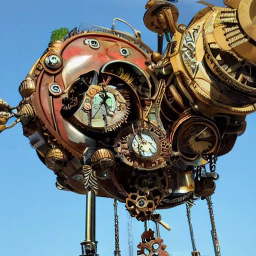 Prompt: flying steampunk city in an enormous mechanical flower