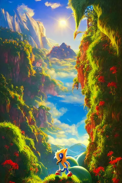 Prompt: fantasy portrait of sonic the hedgehog, natural light, lush plants flowers, spectacular mountains, bright clouds, luminous sky, outer worlds, golden hour, michael cheval, edward hopper, michael whelan, oil painting, hd