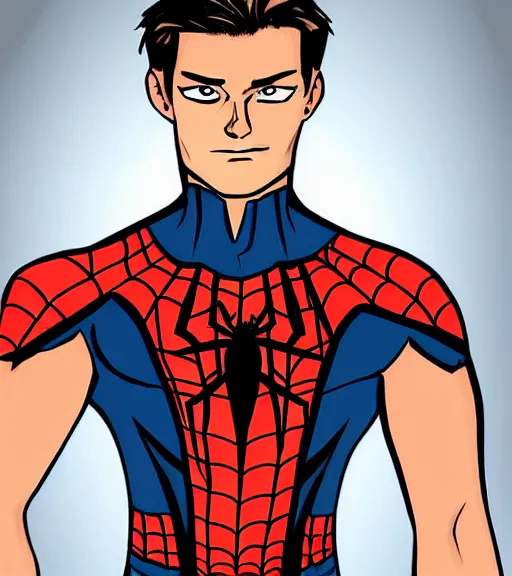 Image similar to very handsome peter parker with his spider suit around his waist, looking seductive, digital art