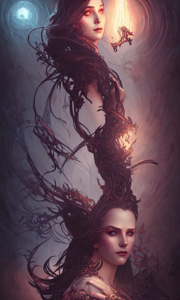 Image similar to Necromancer Sorceress in center, fantasy magic, undercut hairstyle, dark light night, intricate, elegant, sharp focus, illustration, highly detailed, digital painting, concept art, matte, art by WLOP and Artgerm and Greg Rutkowski and Alphonse Mucha, masterpiece