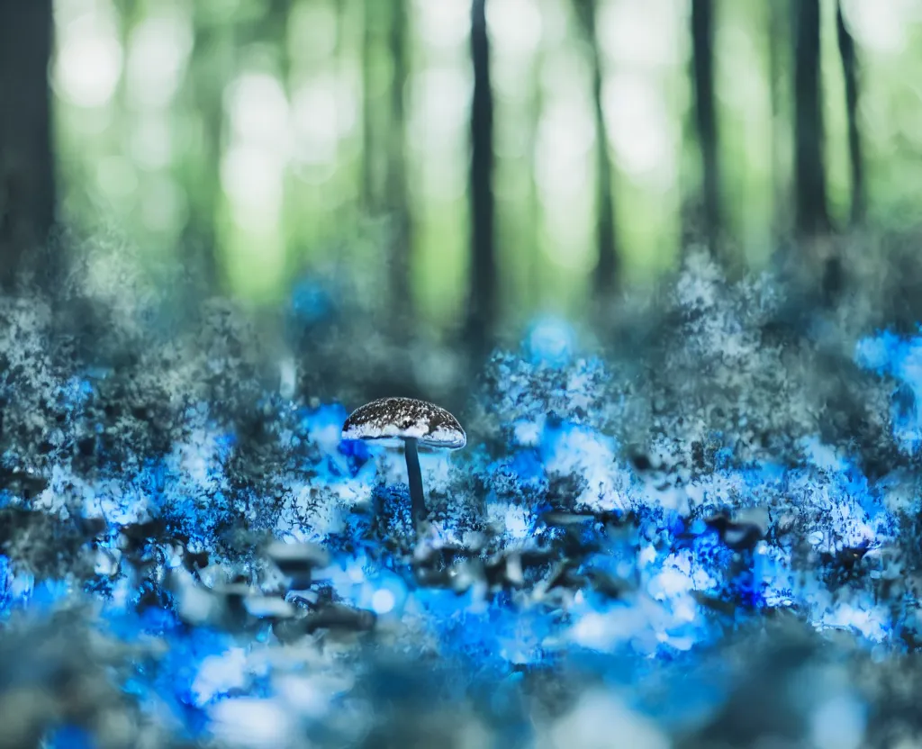 Prompt: blue forest, glowing mushrooms, sigma lens, strong bokeh, photography, highly detailed, 8 5 mm, f / 1. 3