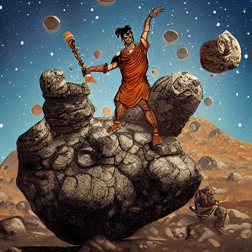 Image similar to persian folktale art style, barbarian on mars, pulp science fiction illustration, standing atop boulder looking over barren expanse