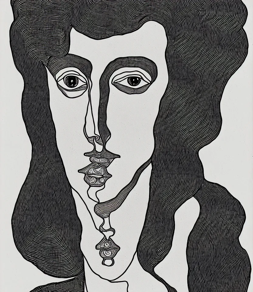 Image similar to detailed line art portrait of virginia woolf, inspired by egon schiele. caricatural, minimalist, bold contour lines, musicality, soft twirls curls and curves, confident personality, raw emotion