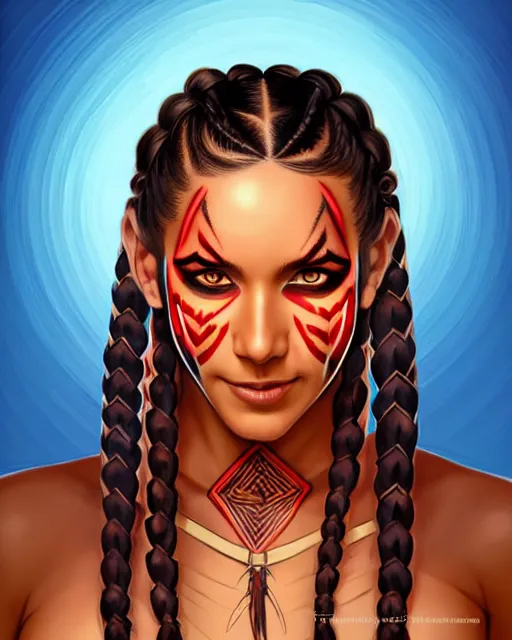 Prompt: in the style of artgerm and Andreas Rocha and Joshua Middleton, pretty Native American young woman with braids, smile on face, Symmetrical eyes symmetrical face, red face paint strip across eyes, full body, prairie in background, scenic, natural lighting, warm colors