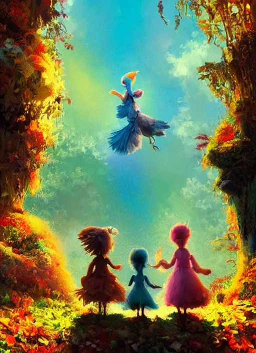 Prompt: a hen and her two chicks walking over a rainbow movie by nuri iyem, james gurney, james jean, greg rutkowski, anato finnstark. pixar. hyper detailed, 5 0 mm, award winning photography, perfect faces