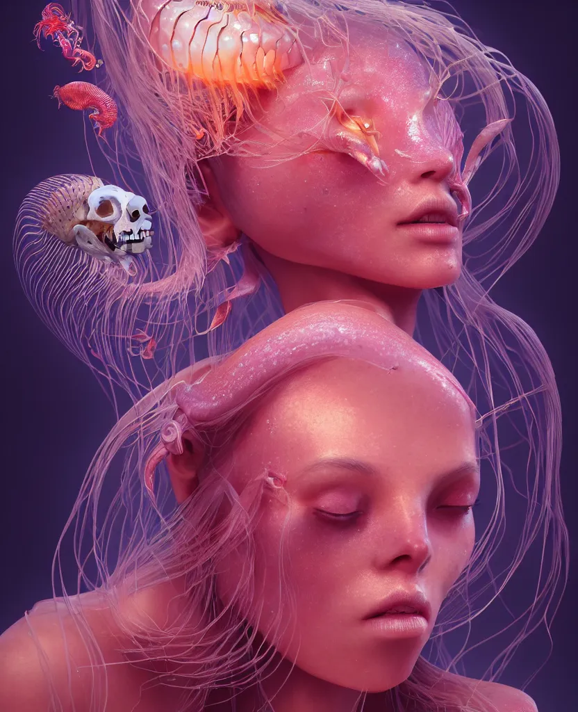 Prompt: beautiful female close-up portrait. orchid jellyfish, deep angler fish, phoenix head, nautilus, skull, betta fish, bioluminiscent creatures, intricate artwork by Tooth Wu and wlop and beeple. octane render, trending on artstation, greg rutkowski, xsullo, very coherent symmetrical artwork. cinematic, hyper realism, high detail, octane render, 8k