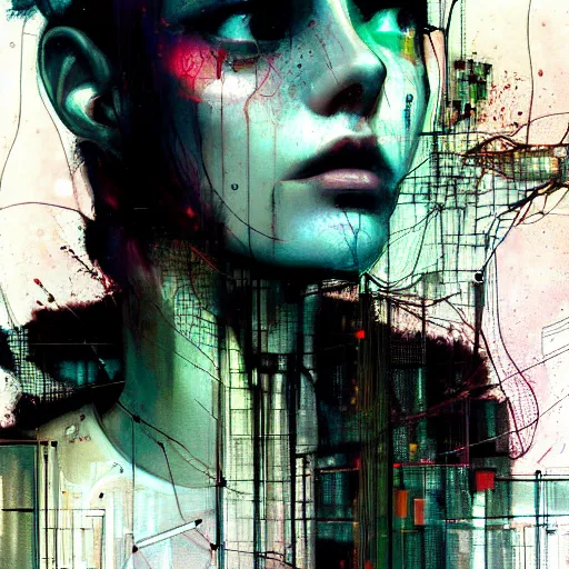 Image similar to beautiful young cybernoir woman vr dreaming in a glitchcore world of wires, and machines, by jeremy mann, francis bacon and agnes cecile, and dave mckean ink drips, paint smears, digital glitches glitchart