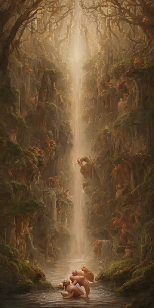 Image similar to a stunning and noble highly detailed romantic period style painting of the place where gods come into being by james jean, josep tapiro baro and harles sillem lidderdale, trending on artstation, oil painting masterpiece, symmetry, rule of thirds, mysterious