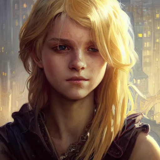 Image similar to portrait of a young thief in the slums of a fantasy city, dirty blonde hair, d & d, fantasy, joyful smirk, intricate, elegant, highly detailed, digital painting, artstation, concept art, matte, sharp focus, illustration, art by artgerm and greg rutkowski and alphonse mucha