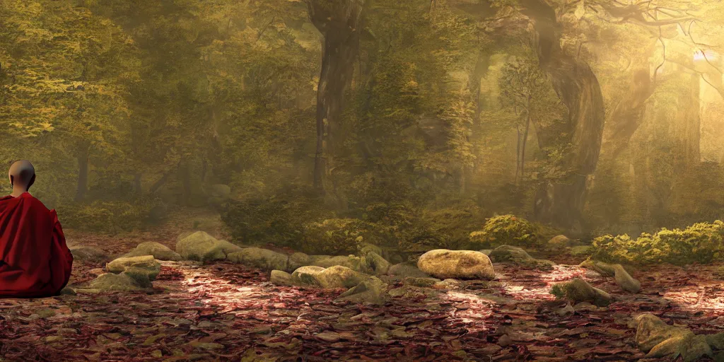 Prompt: a buddhist monk meditating in a forest, in the style of transcendentalism, 8k, octane render, by Stanley Kubrick, anamorphic, by thomas kinkade