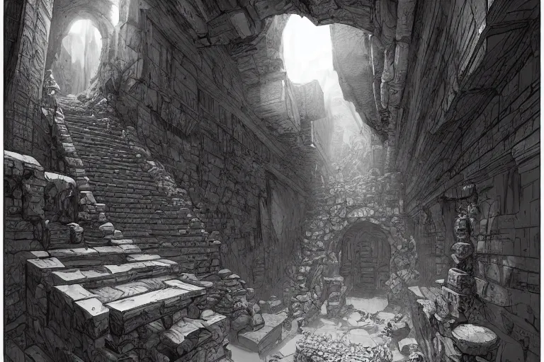 Image similar to black and white one point perspective dungeon cozy fantasy dungeon hallway view with pit in the middle of the ground by artgerm and Craig Mullins, James Jean, Andrey Ryabovichev, Mark Simonetti and Peter Morbacher 16k