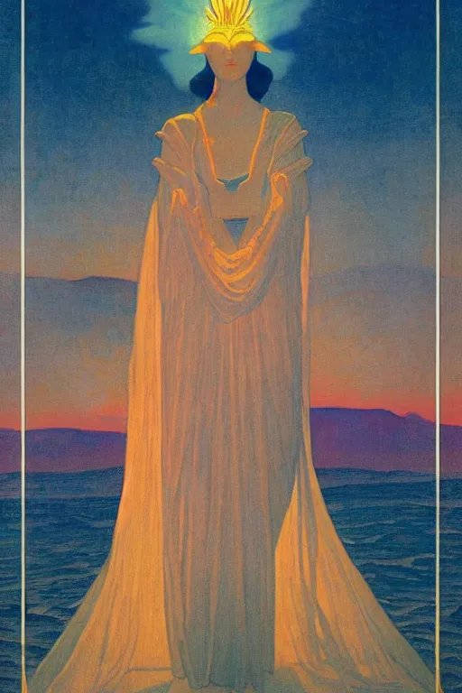 Prompt: queen of the sunset sea, by Nicholas Roerich and jean delville and Maxfield Parrish, dramatic cinematic lighting , ornate headdress , lost civilizations, extremely detailed