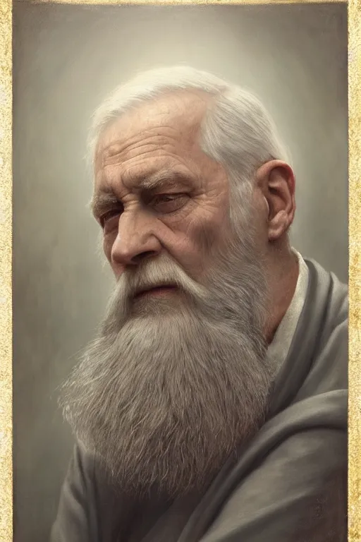 Image similar to a stunning ultra realistic fine art painting of a content old man with a long gray beard, peaceful and graceful, by tom bagshaw, studio portrait, muted colors, melancholic, catchlight in the eyes, 4K